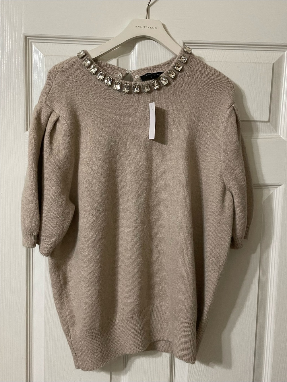 Ann Taylor Taupe Jeweled Crewneck Sweater